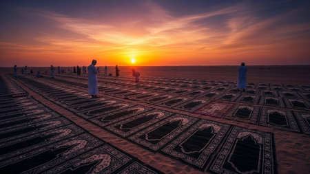 A serene sunset scene of people praying on mats in a desert landscapeの写真素材