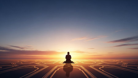 A person meditates peacefully at sunset in a serene landscapeの写真素材