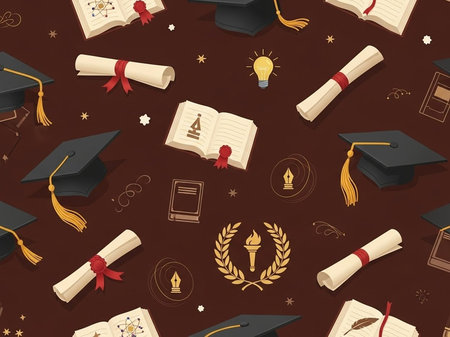 A seamless pattern of graduation icons on a brown backgroundの写真素材