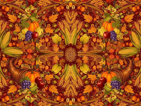 A vibrant and colorful illustration of a Thanksgiving-themed pattern with fruits and vegetablesの写真素材