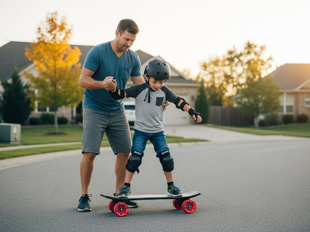A man teaching a young boy to ride a skateboard in a suburban streetの写真素材