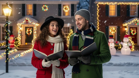 A man and woman singing Christmas carols in a festively decorated neighborhoodの写真素材