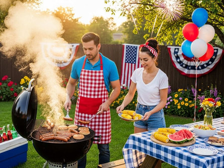 A man and woman enjoying a backyard barbecue on a festive holidayの写真素材