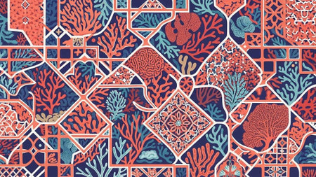 A vibrant and intricate mosaic pattern featuring coral and geometric shapesの写真素材