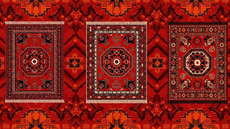 A vibrant red patterned rug with intricate designs and geometric shapesの写真素材