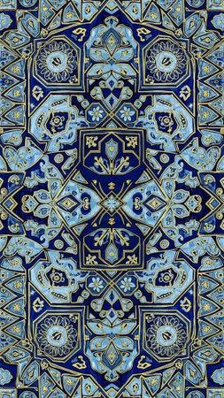 Intricate blue and gold patterned tile design with floral motifsの写真素材