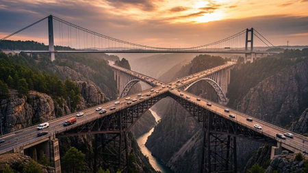 A stunning suspension bridge spans a deep gorge at sunsetの写真素材