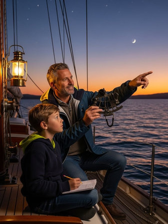 A man and a boy on a sailboat at sunset looking at the skyの写真素材