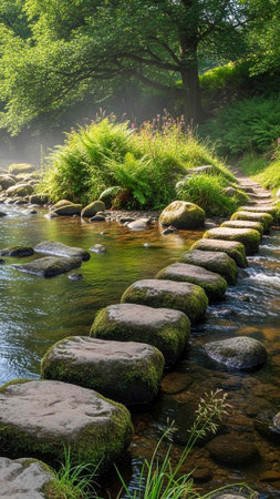A serene and peaceful natural landscape with stepping stones in a riverの写真素材