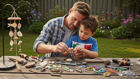 A man and a boy crafting a wind chime together in a gardenの写真素材