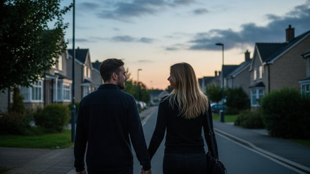 A couple walks hand in hand down a quiet suburban street at duskの写真素材