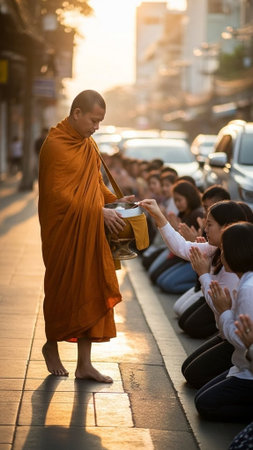 A Buddhist monk receives alms from people on a city streetの写真素材