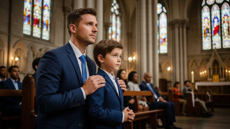 A man and a boy standing together in a church during a ceremonyの写真素材