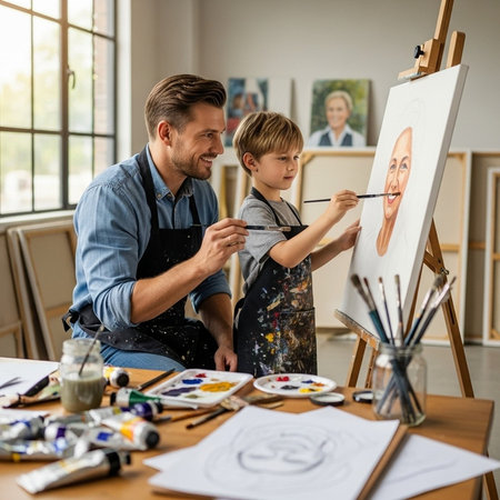 A man and a boy painting together in an art studioの写真素材