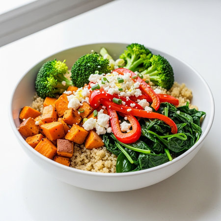 A healthy bowl of quinoa, vegetables, and feta cheese on a white tableの写真素材