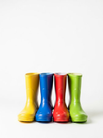 A row of colorful rain boots on a white backgroundの写真素材