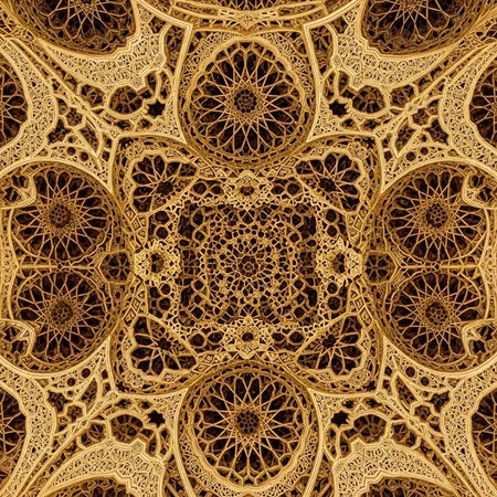 Intricate golden patterns adorn a beautifully designed ornamental ceilingの写真素材