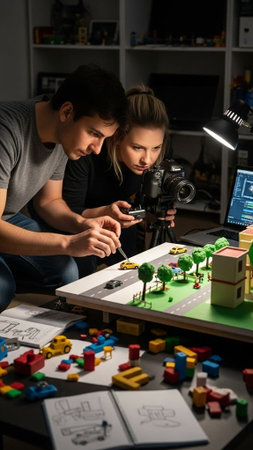Two creatives working on a stop-motion animation project with building blocksの写真素材
