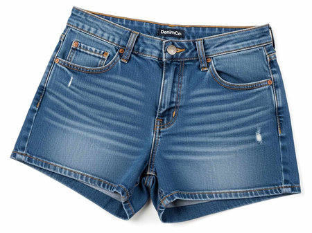 A pair of blue denim shorts on a white backgroundの写真素材