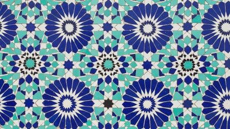 A vibrant mosaic pattern featuring blue, white, and teal floral designsの写真素材