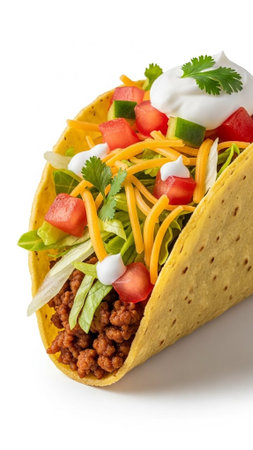 A delicious taco filled with seasoned ground beef and colorful toppingsの写真素材
