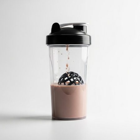 A clear plastic shaker bottle with a black lid and a brown liquidの写真素材