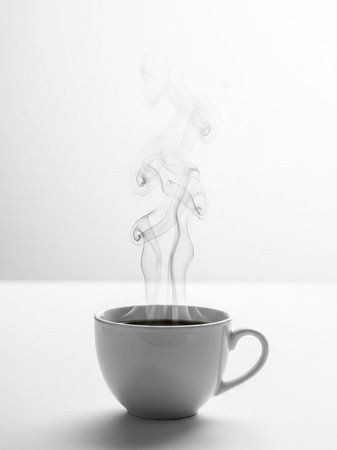 A steaming cup of coffee on a clean white surfaceの写真素材