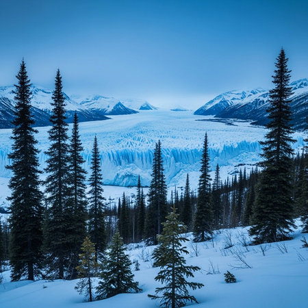 A serene winter landscape with snow-covered mountains and evergreen trees under a clear blue skyの写真素材
