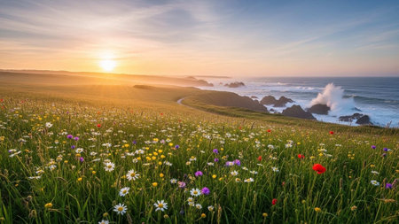 A serene landscape of a colorful flower field at sunset by the oceanの写真素材