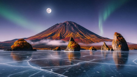 A serene mountain landscape under the night sky with aurora and moonlightの写真素材