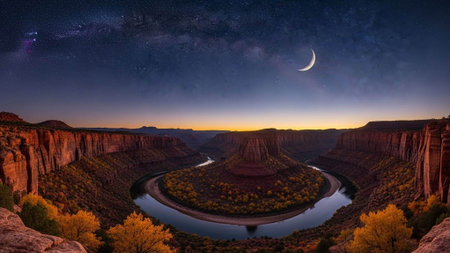 A serene landscape of a river flowing through a canyon under a starry night skyの写真素材
