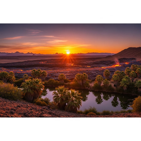 A serene desert landscape at sunset with palm trees and a tranquil lakeの写真素材