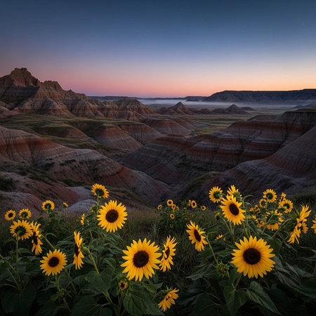 A serene landscape of sunflowers blooming in a valley at sunsetの写真素材