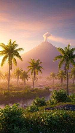 A serene tropical landscape with a volcano erupting in the background at sunsetの写真素材