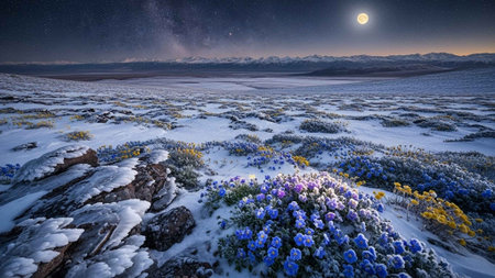 A serene winter landscape with snow-covered flowers under a starry night skyの写真素材