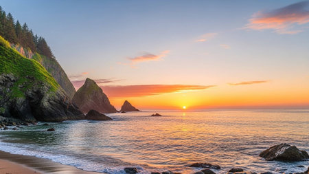 A serene beach scene at sunset with rocky cliffs and calm watersの写真素材