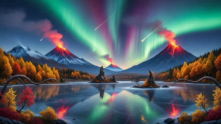 A serene landscape of mountains and lake under the vibrant aurora borealis