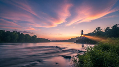 A serene lighthouse stands on a rocky shore at sunset