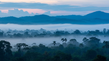 A serene landscape of a misty forest with trees and mountains in the background at dawn