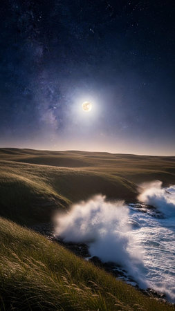 A serene landscape of a moonlit ocean under a starry night skyの写真素材