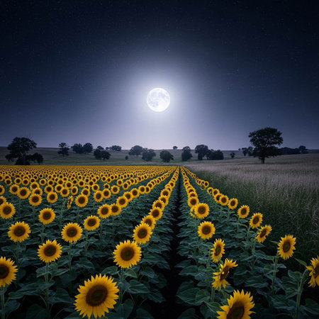 A serene field of sunflowers under a bright full moon at night