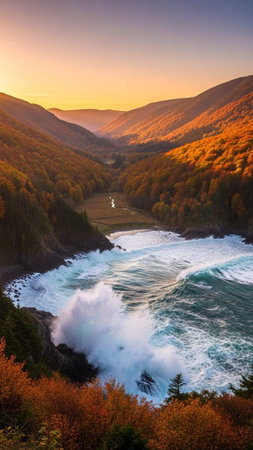 A serene landscape of a river flowing through mountains at sunset