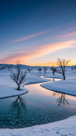 A serene winter landscape with a winding river at sunsetの写真素材
