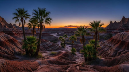 A serene desert landscape with palm trees at sunset