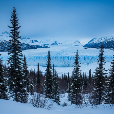 A serene winter landscape with snow-covered mountains and evergreen treesの写真素材