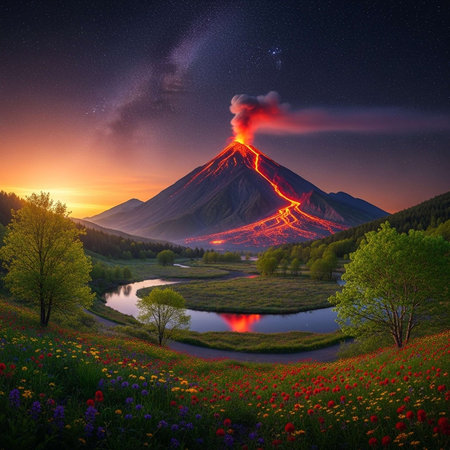 A volcanic eruption at sunset with a serene landscape and vibrant flowers