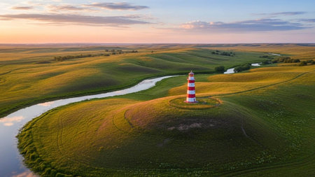 Aerial view of a red and white lighthouse in a serene landscapeの写真素材