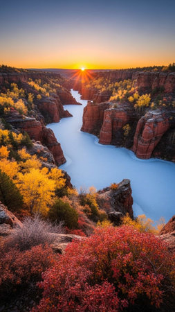 A serene river flows through a canyon at sunset surrounded by vibrant autumn foliage