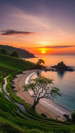 A serene landscape of a tree on a beach at sunset