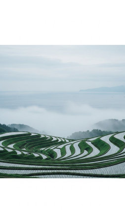 A serene landscape of rolling hills with terraced fields on a cloudy day